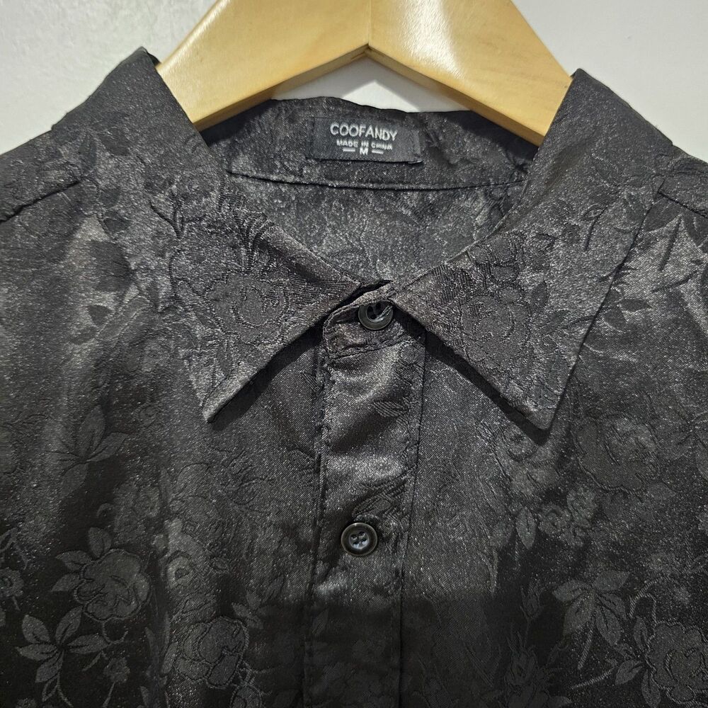 Coofandy - Shirt Satin Long Sleeve Rose Floral Button Up - Size M - Black - Picture 3 of 7